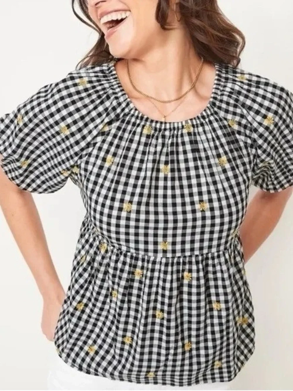 Old Navy Black White Gingham Embroidered Floral Puff Sleeves Top, Sz Medium